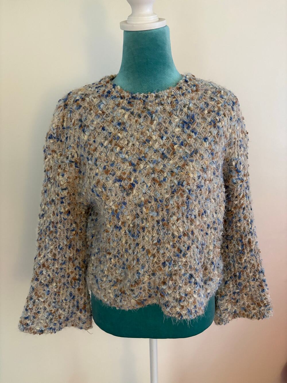 Julie & Co Chunky Multicolored Eyelash Knit Sweater Bell Sleeve Boho Cropped